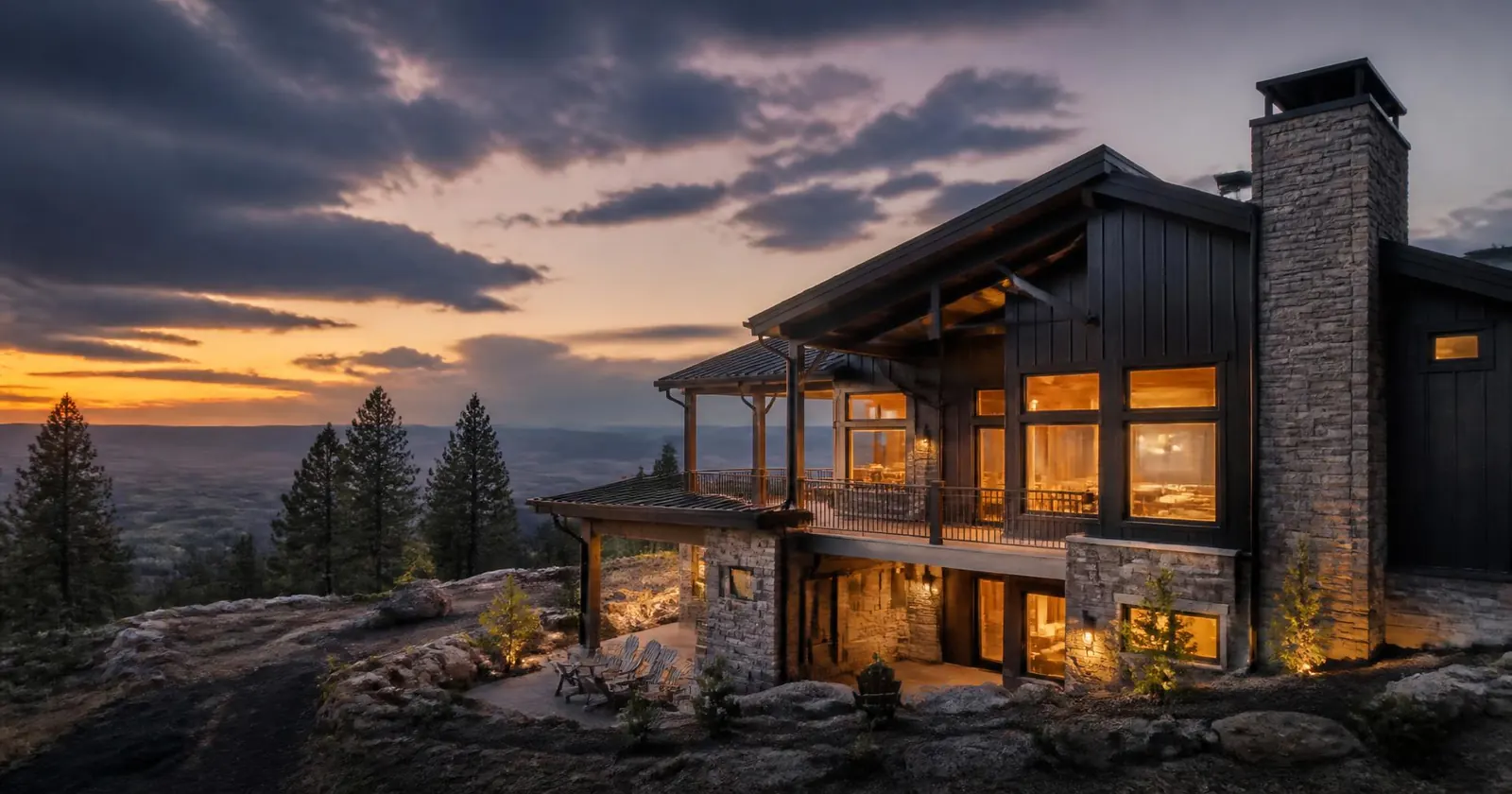 Idaho mountain home glowing at dusk above a pine-lined valley