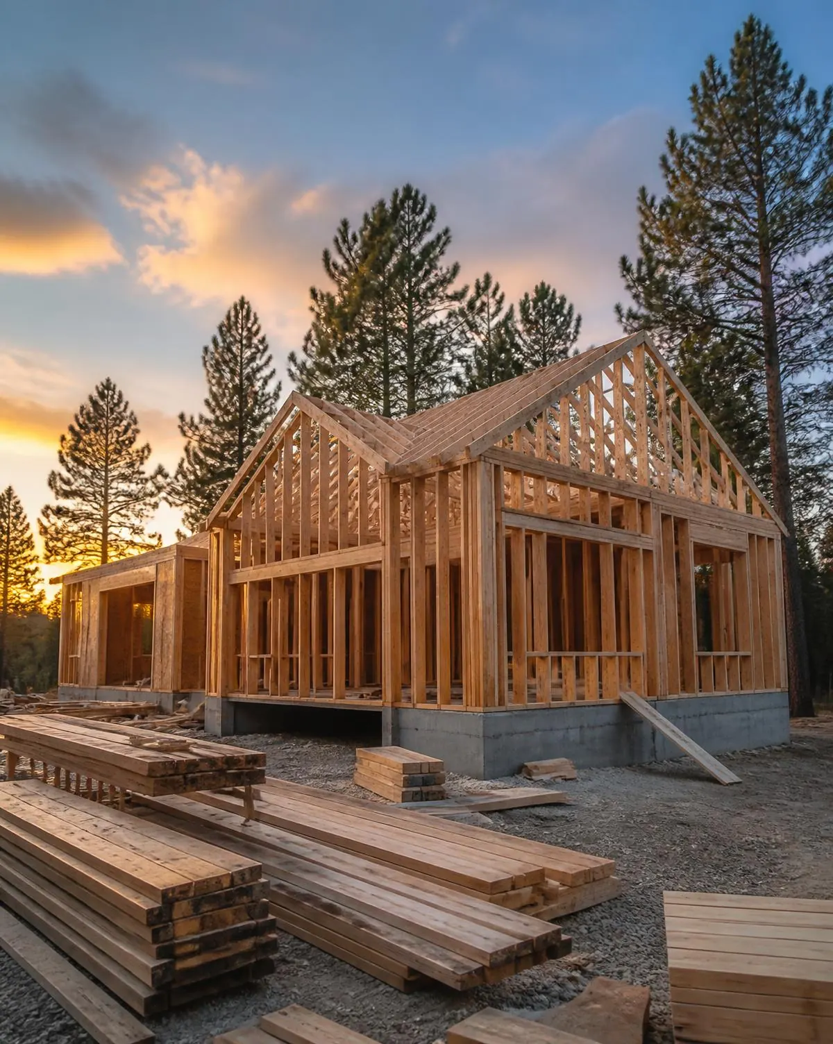 New home framing at dusk on an Idaho job site