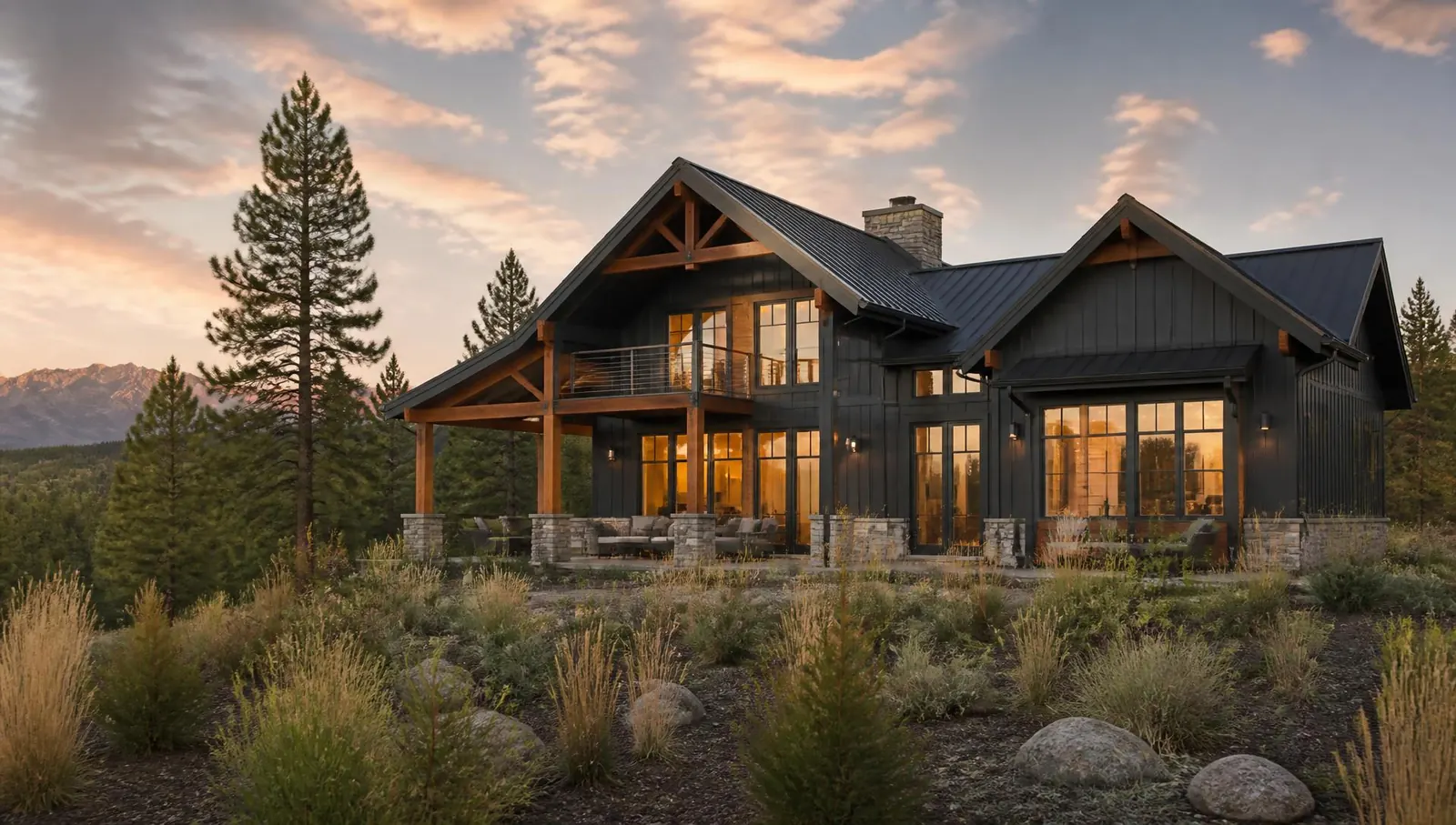 Modern Idaho mountain-craftsman home at golden hour surrounded by pines