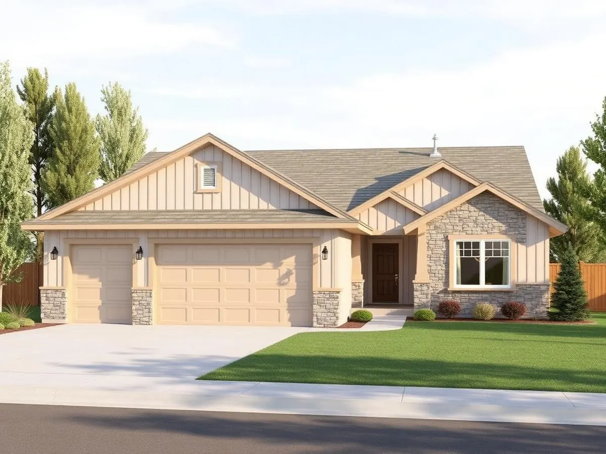 Conceptual architectural rendering of a single-story craftsman-style home