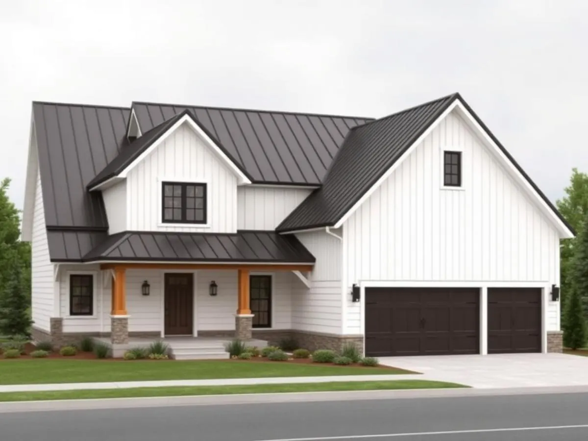 Conceptual architectural rendering of a modern farmhouse-style home